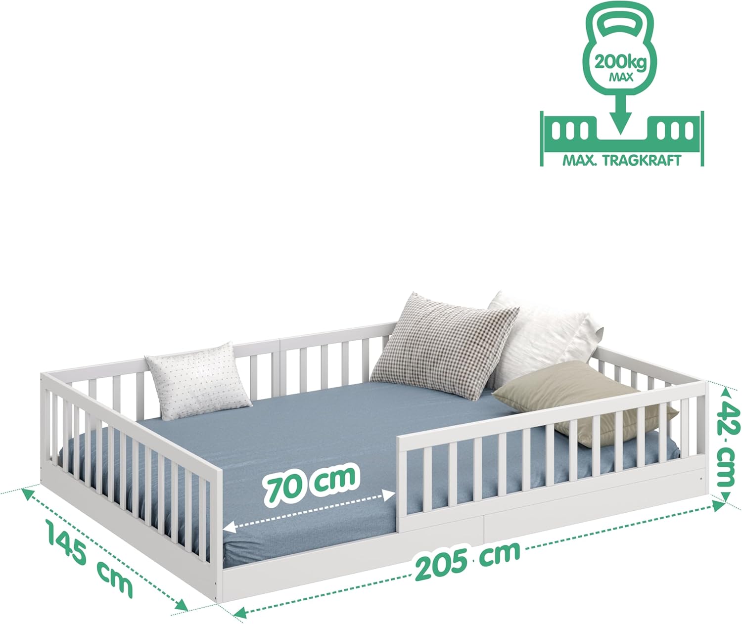 CADANI Timi 2in1 Bodenbett 140x200 cm Montessori Kinderbett mit abnehmbaren Rausfallschutz inkl. Lattenrost, Kiefer Massivholz, weiß - 3 Aufbauvarianten, bis 200 kg belastbar, umbaubar