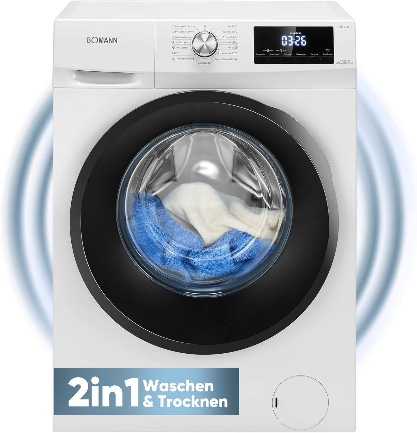 Bomann® Waschtrockner | Waschen und Trocknen in einem Durchgang | 8 kg Waschen, 5 kg Trocknen | Invertermotor | 1400 U/Min | Dampffunktion | Waschmaschine mit Trockner integriert | WAT 7186 weiß