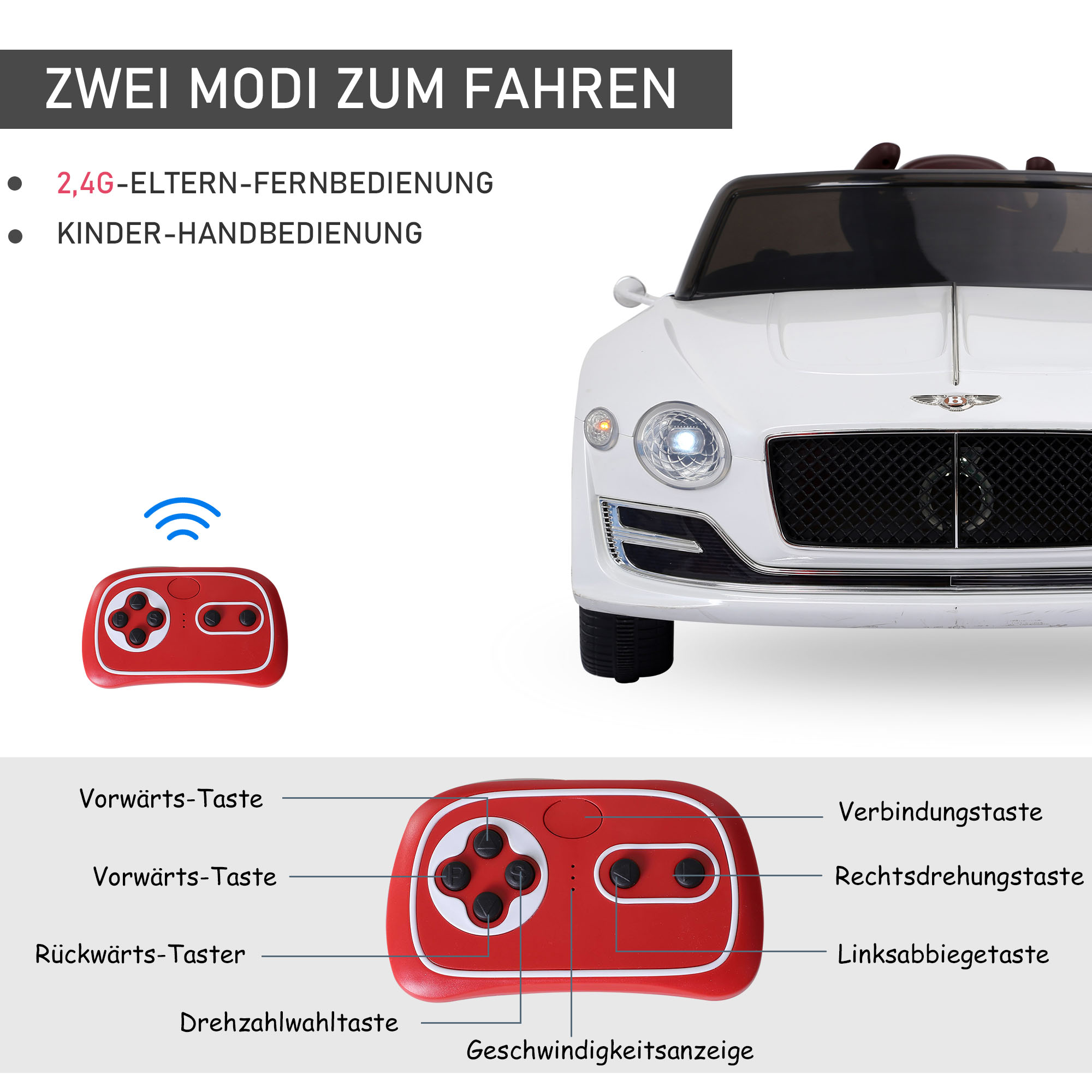HOMCOM Kinderauto Bentley GT lizenzierte Kinderfahrzeug Elektroauto mit Fernbedienung 2 x 390 Motoren Kinder Weiß 108 x 60 x 43 cm