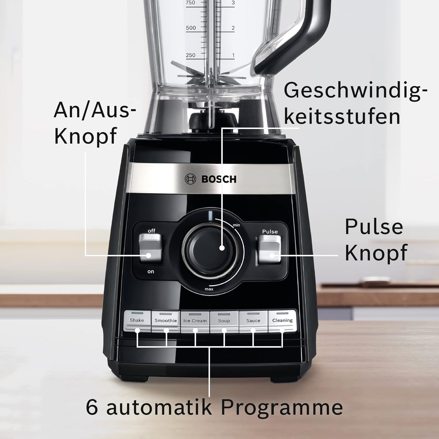 Bosch Standmixer VitaBoost MMBH6P6BDE, 6-Klingen-Edelstahlmesser, 2,5l Tritan-Mixbehälter, Stopfer, 6 Automatikprogramme, Rezeptbuch, BPA-frei, einfache Reinigung, 45,000 U/min, 1600 W, schwarz