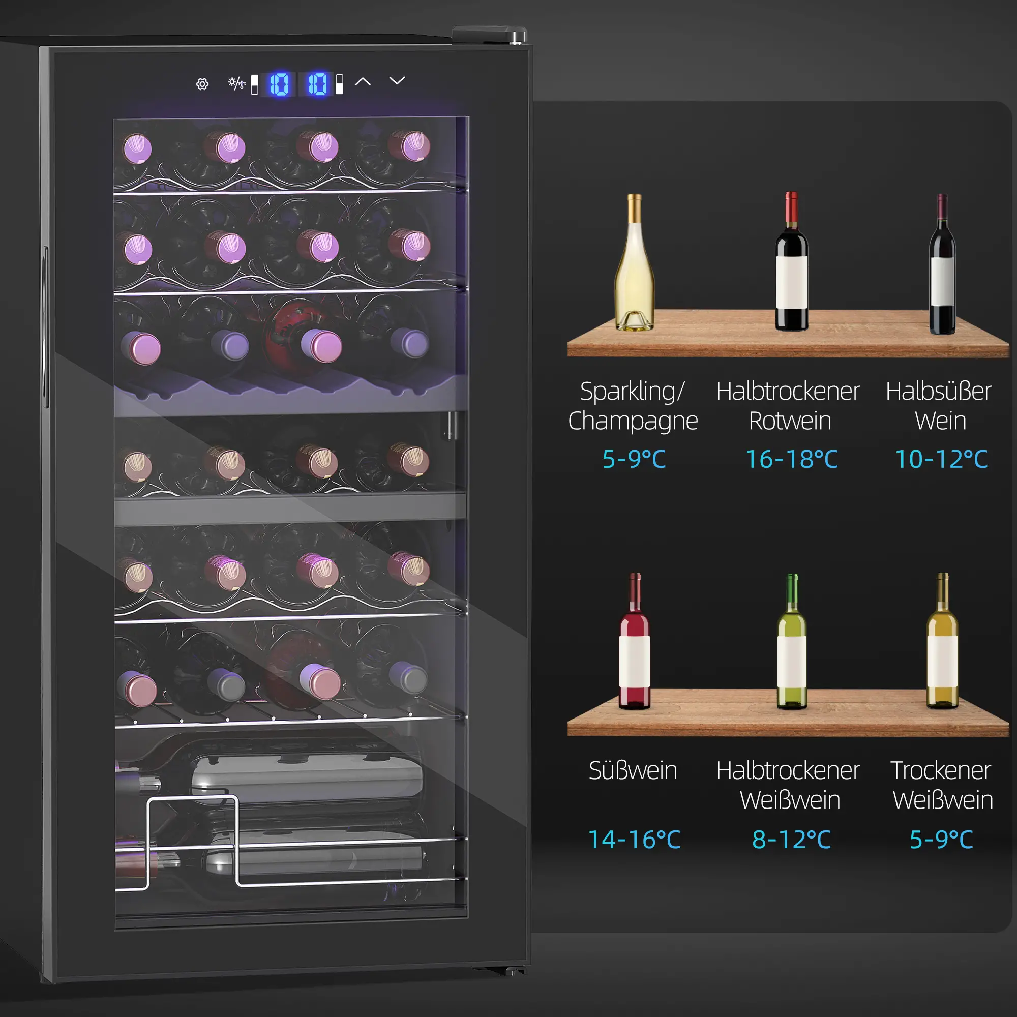 HOMCOM Weinkühlschrank 2 Zonen 28 Flaschen 74 L Schwarz