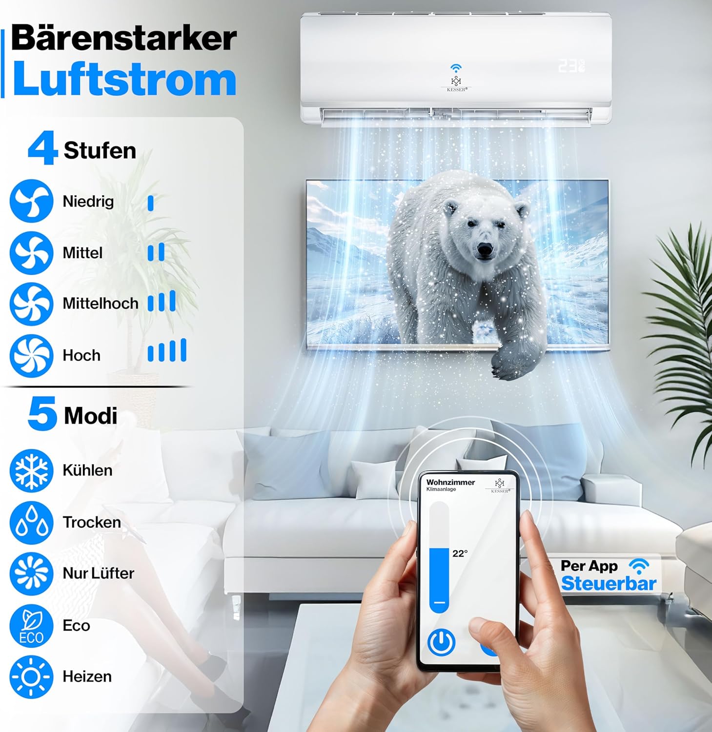 KESSER Klimaanlage Set Split - mit WiFi/App Funktion Klimagerät - Kühlen A++/ Heizen A+ - 9000 BTU/h (2.600 Watt) Kältemittel R32 - Fernbedienung, Timerfunktion - Inkl. komplettem Montagematerial