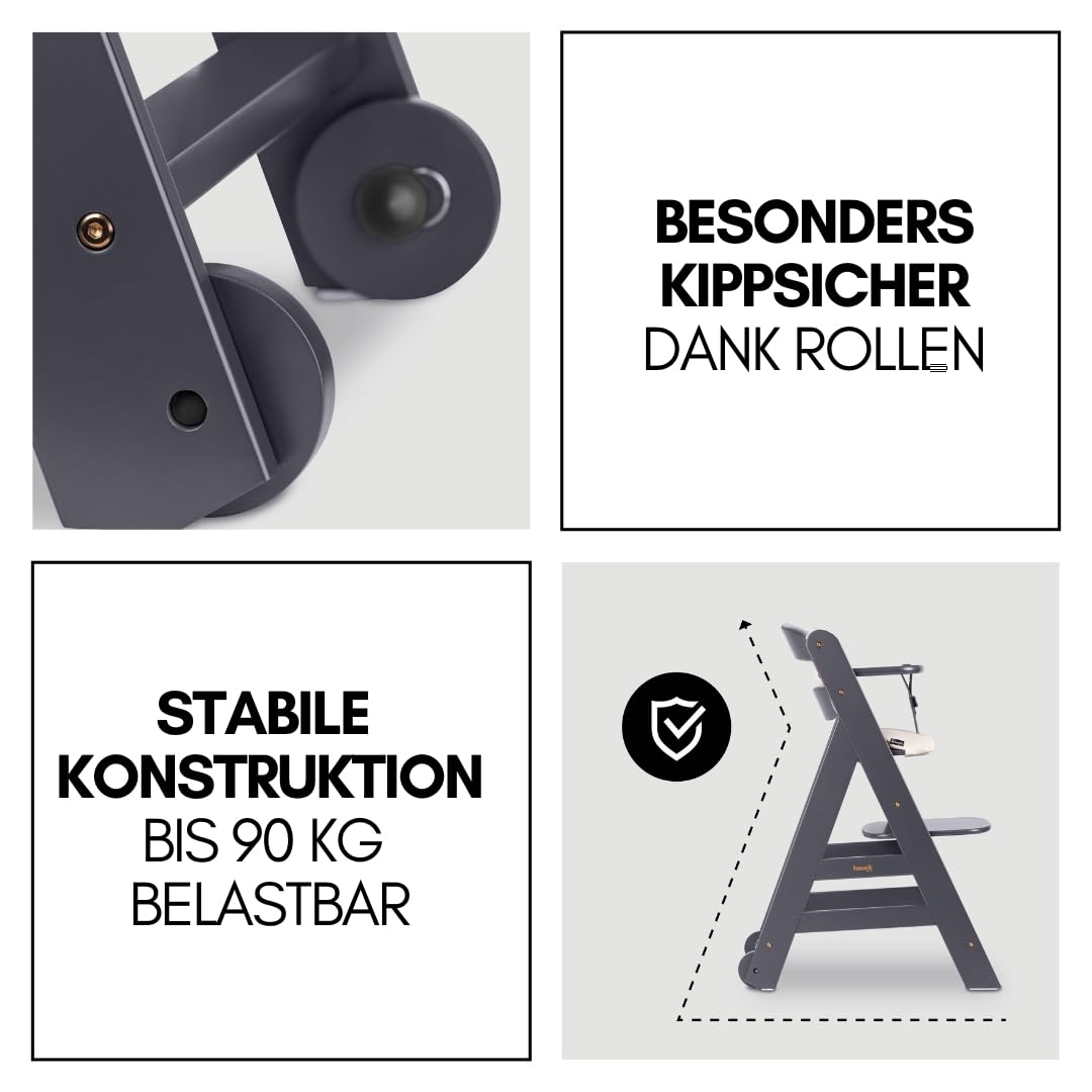 hauck Hochstuhl Beta+ Newborn Set Premium Dark Grey - Babyhochstuhl Set ab Geburt mit Neugeborenen Aufsatz Bouncer, Sitzpolster und Essbrett - Dark Grey