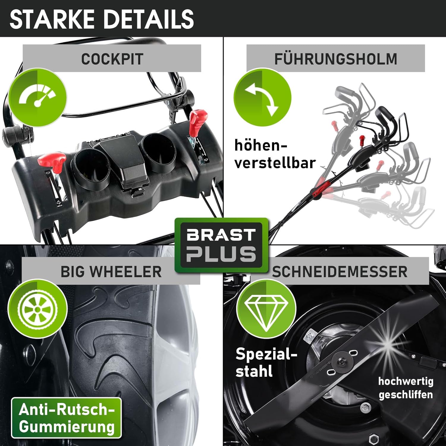 BRAST® Benzin Rasenmäher mit Antrieb | 5,2kW (7PS) | 55cm Schnittbreite | viele Modelle | TÜV | 30-80mm Schnitthöhe | 60L Fangkorb | 4 Takt OHV Motor | Stahlgehäuse | Power