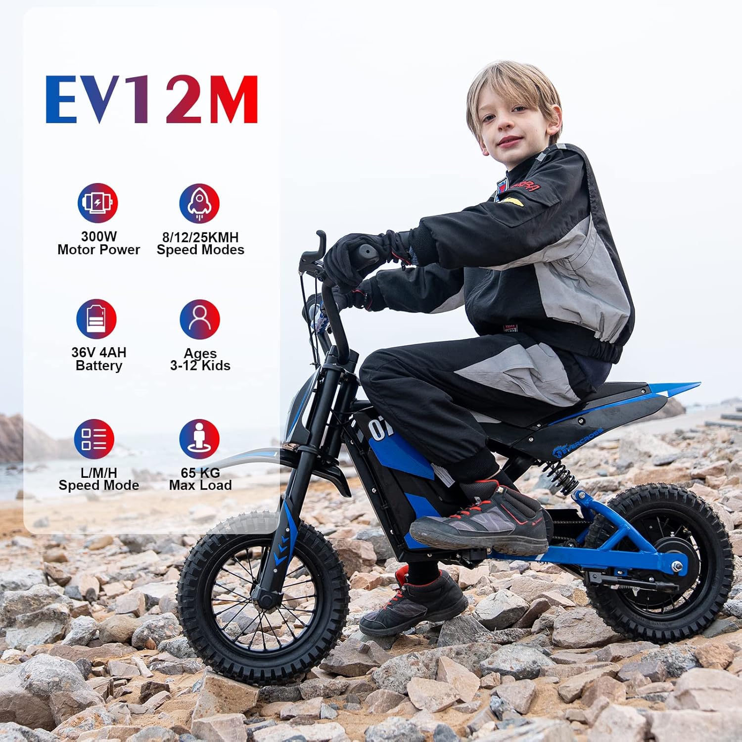 EVERCROSS EV12M Elektro Motorrad Kinder, Elektromotorrad mit 300W Motor, 8/12/25 KMH Geschwindigkeitsmodus, 15KM Lange Reichweite, 12 Zoll Luftreifen, Moto Cross für Kinder von 3–12 Jahren