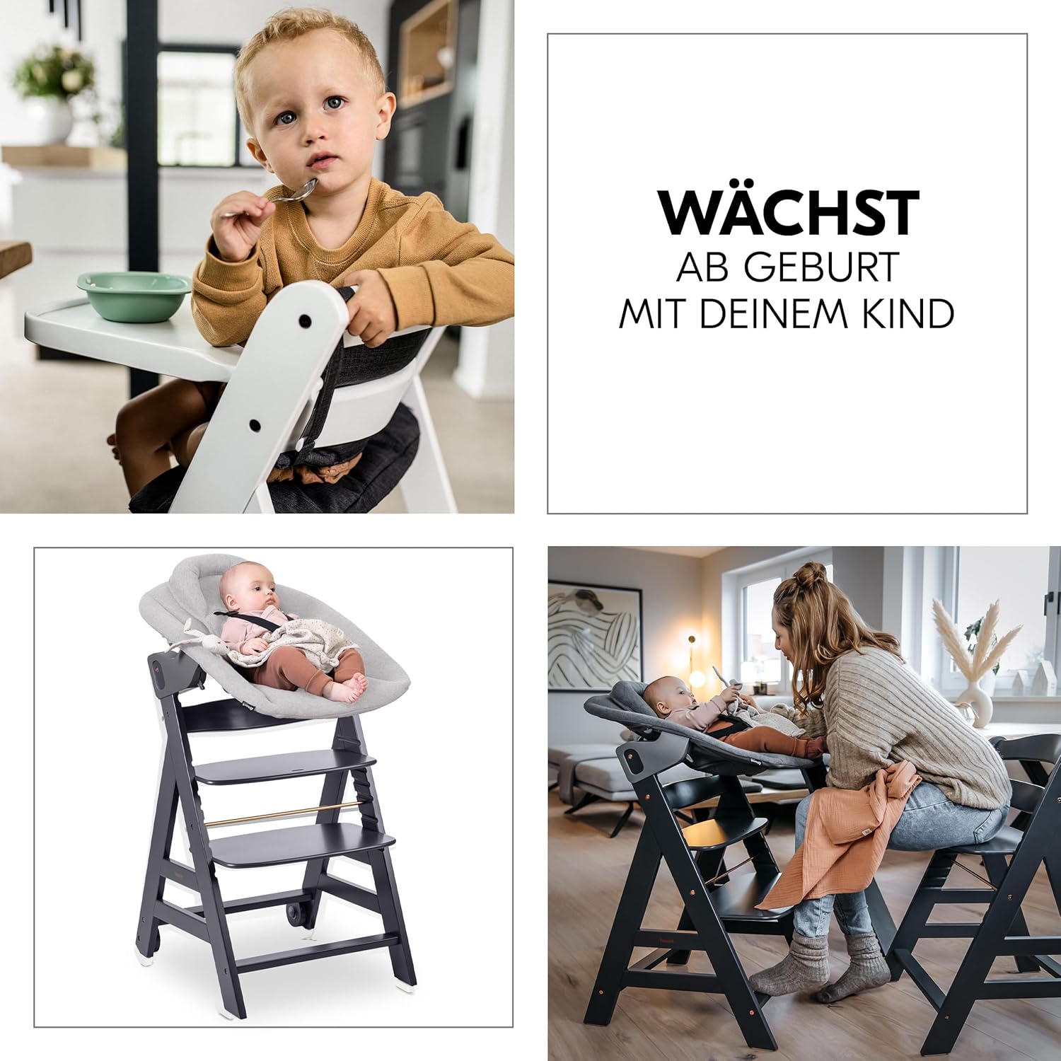 hauck Hochstuhl Beta+ Newborn Set Premium Dark Grey - Babyhochstuhl Set ab Geburt mit Neugeborenen Aufsatz Bouncer, Sitzpolster und Essbrett - Dark Grey