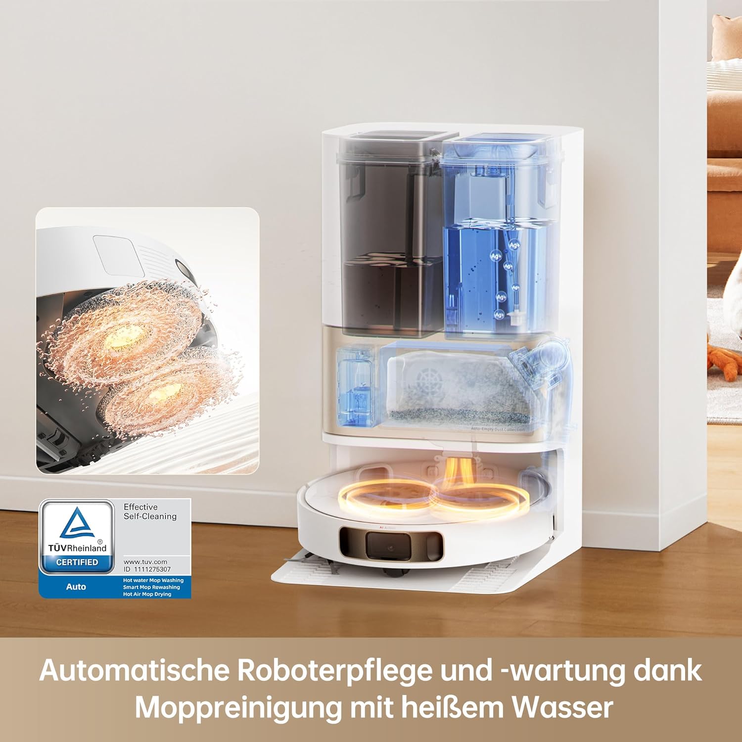 dreame L10s Pro Ultra Heat Roboter Staubsauger mit Automatische Moppreinigung mit heiem Wasser, Moppverlngerung, 7.000 Pa Saugkraft, Doppelte Mopp- und Bodenreinigung, Teppicherkennung