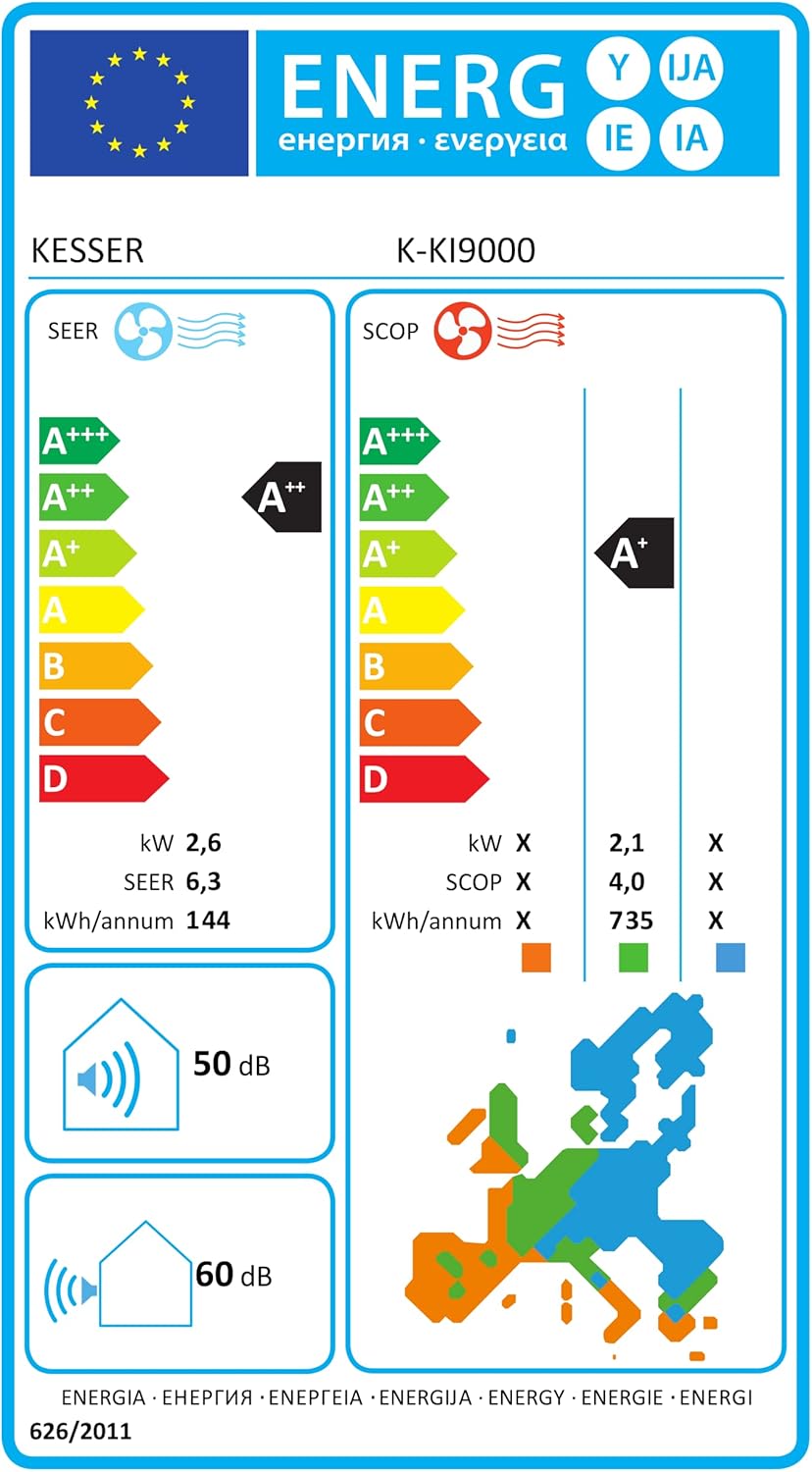 KESSER Klimaanlage Set Split - mit WiFi/App Funktion Klimagerät - Kühlen A++/ Heizen A+ - 9000 BTU/h (2.600 Watt) Kältemittel R32 - Fernbedienung, Timerfunktion - Inkl. komplettem Montagematerial