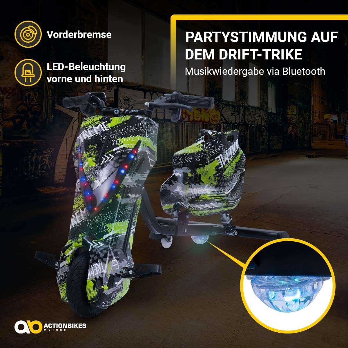 Actionbikes Motors Kinder Elektro Driftscooter | 𝟐𝟓𝟎 Watt Motor - Drift Cart 360°- 3 Geschwindigkeitsstufen - LED-Beleuchtung - Sitz verstellbar - Bluetooth - Drift Kart - Drift Auto (Space Purple)