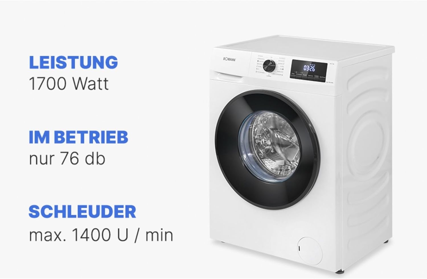 Bomann Waschmaschine 7kg | max. 1400 U/min | 10 Jahre Motor-Garantie | effizienter, leiser & langlebiger Invertermotor | 15 Programme | Endzeitvorwahl | LED-Display | Washing Machine | WA 7175 wei
