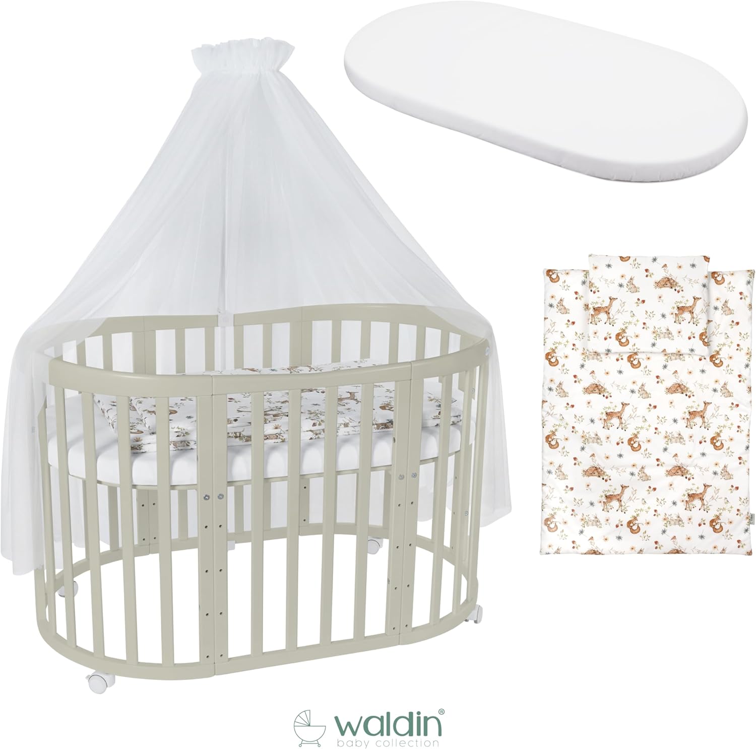 Waldin Oval Baby-Bett Mitwachsend Komplett Set 7in1, Gitterbett, Kinderbett mit Matratze, Wickelkommode, Beistellbett, Holz Weiß