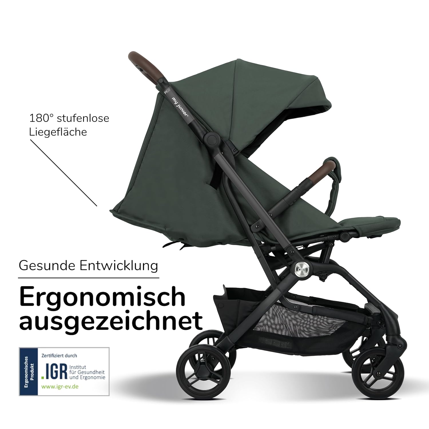 my junior Buggy PICO³ | bis 22kg | Einhand AutoFold-Klappmechanismus | Ergonomische Liegeposition nach IGR e.V. | großes Sonnenverdeck UV50+ | Handgepäckmaß | 2 Belüftungsfenster Hazel - Black