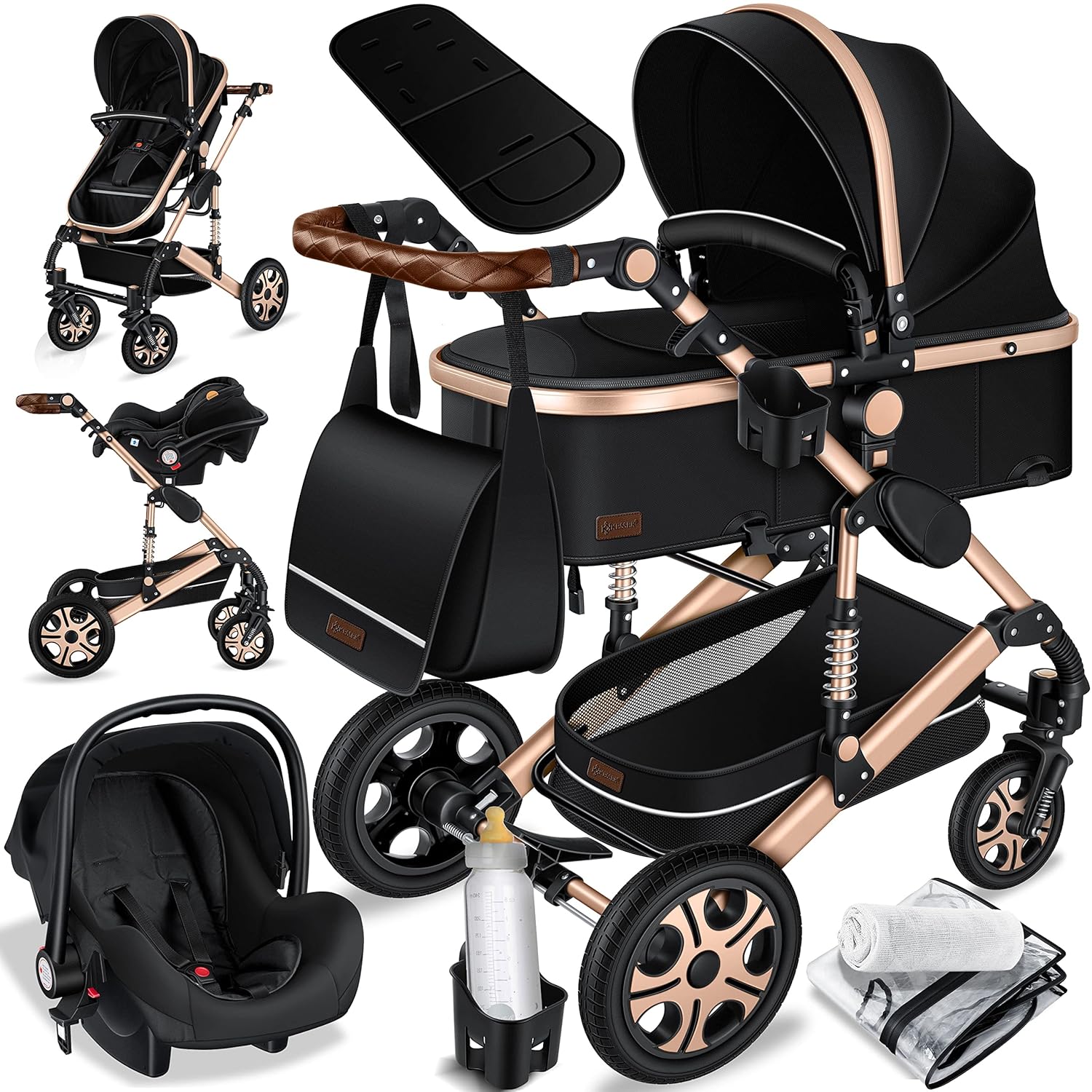 KESSER Loops 3 in 1 Kinderwagen Kombikinderwagen Komplett-Set inkl. Babywanne & Buggy Sportsitz & Auto-Babyschale Voll-Gummireifen Wickeltasche Regenschutz Kindertisch ECE R129, Schwarz/Champagne