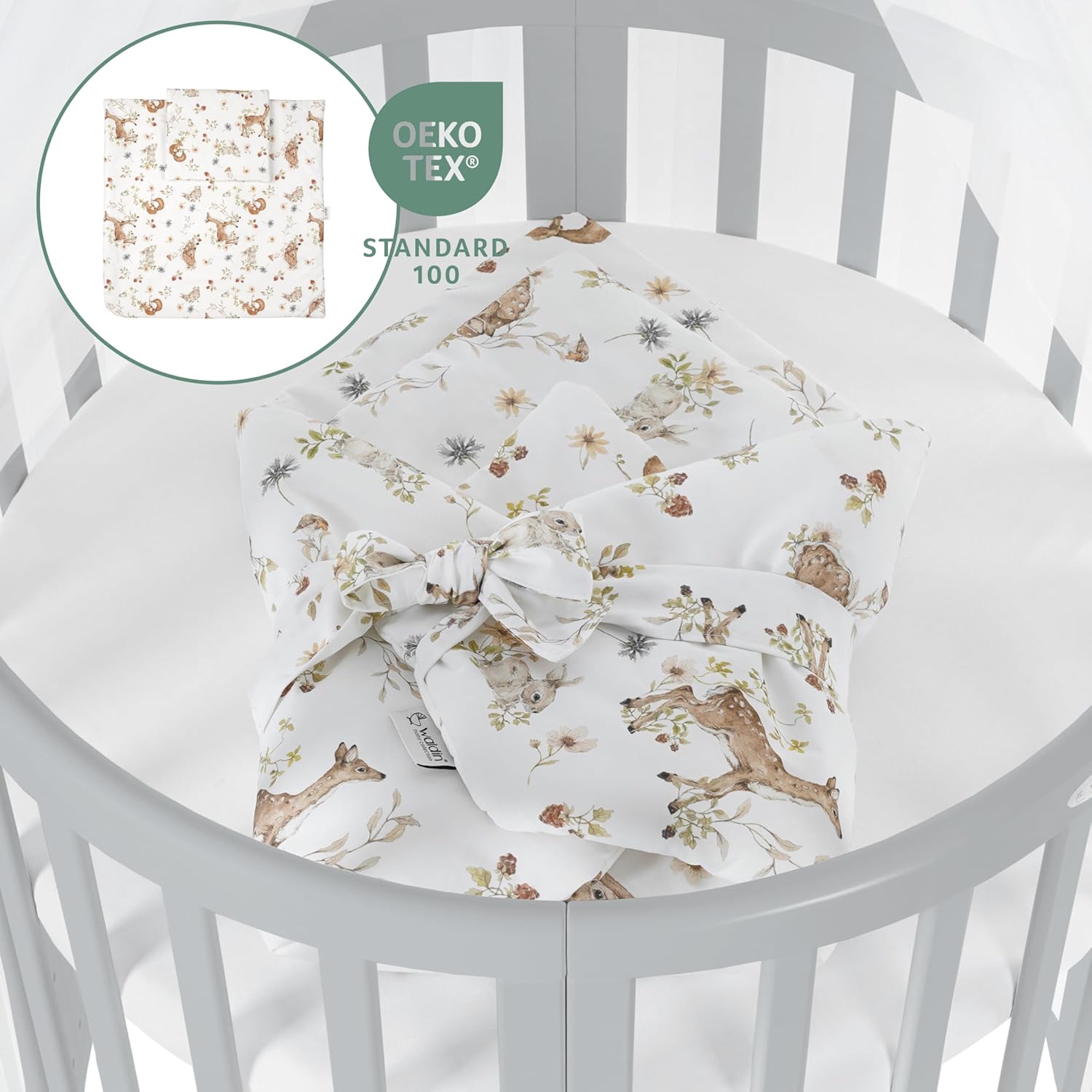 Waldin Oval Baby-Bett Mitwachsend Komplett Set 7in1, Gitterbett, Kinderbett mit Matratze, Wickelkommode, Beistellbett, Holz Weiß