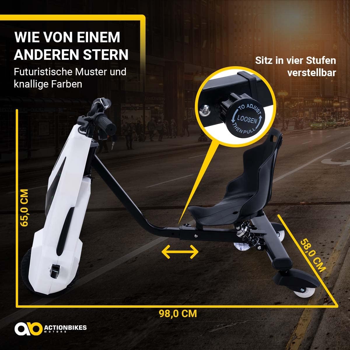 Actionbikes Motors Kinder Elektro Driftscooter | 𝟐𝟓𝟎 Watt Motor - Drift Cart 360°- 3 Geschwindigkeitsstufen - LED-Beleuchtung - Sitz verstellbar - Bluetooth - Drift Kart - Drift Auto (Space Purple)