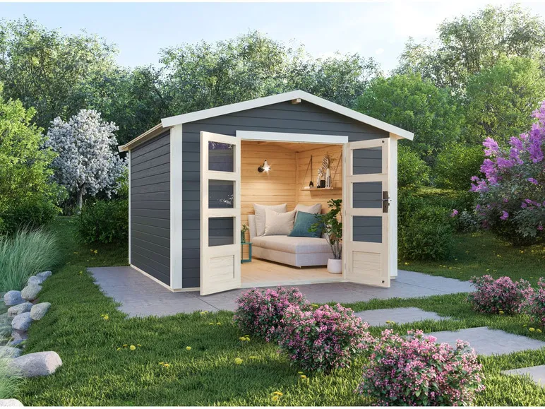 Karibu Gartenhaus »Carlos«, Satteldach, Witterungsschutz, Tür mit 3 Lichtausschnitten