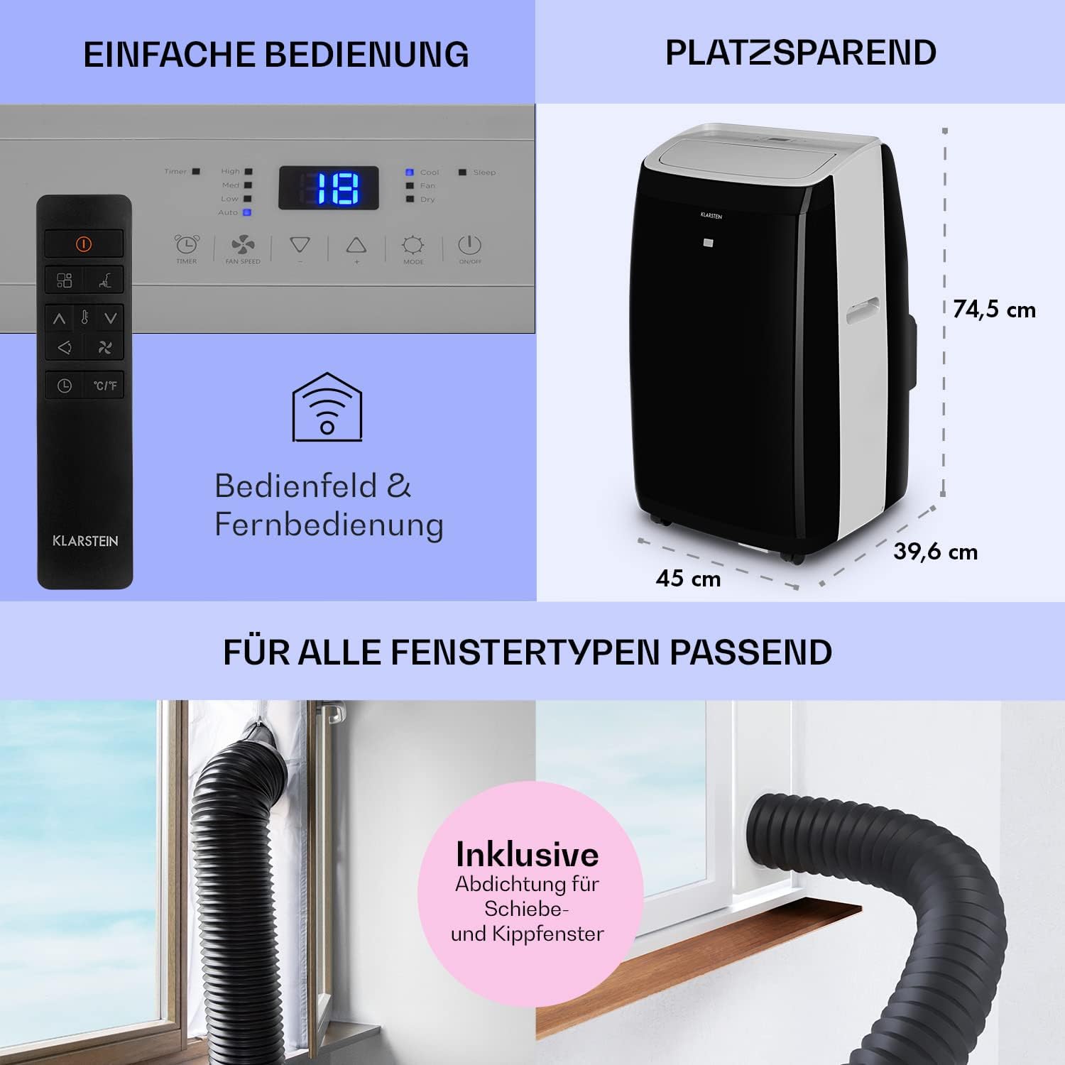 Klarstein Mobile Klimaanlage mit Abluftschlauch, 4-in-1 Klimagerät, Ventilator, Luftentfeuchter & Nachtmodus, Kleine & Portable Klimaanlage für Wohnung & Büro, Niedriger Verbrauch, 14000BTU
