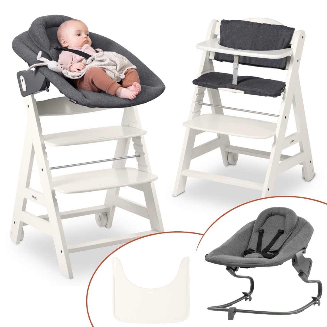 hauck Hochstuhl Beta+ Newborn Set Premium Dark Grey - Babyhochstuhl Set ab Geburt mit Neugeborenen Aufsatz Bouncer, Sitzpolster und Essbrett - Dark Grey