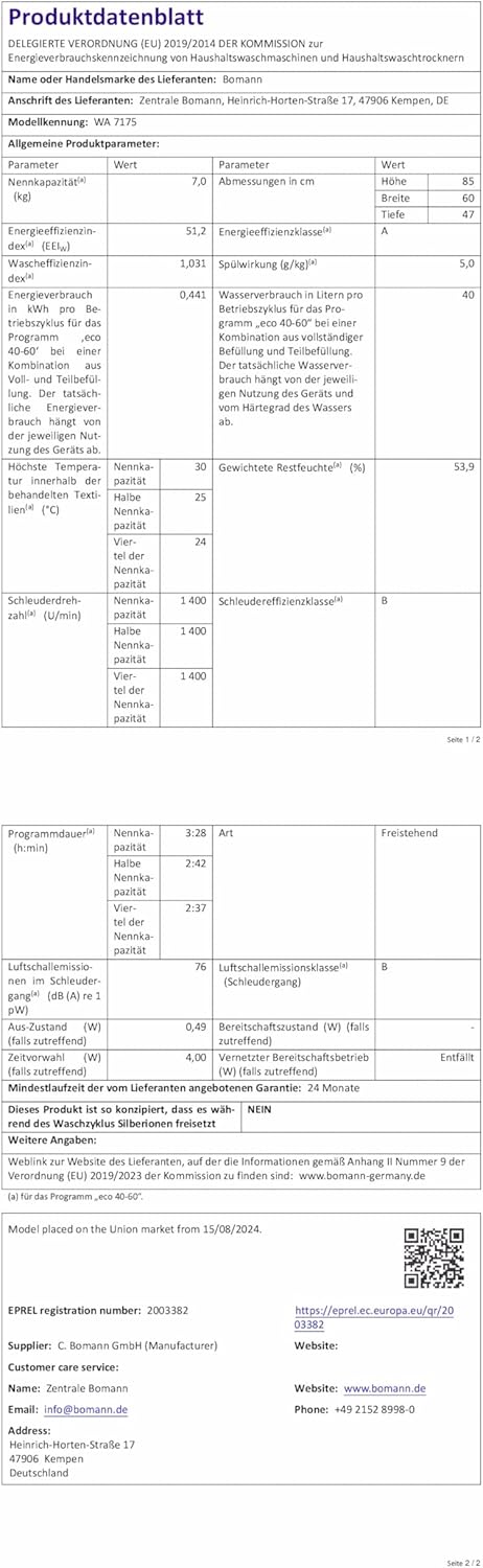 Bomann Waschmaschine 7kg | max. 1400 U/min | 10 Jahre Motor-Garantie | effizienter, leiser & langlebiger Invertermotor | 15 Programme | Endzeitvorwahl | LED-Display | Washing Machine | WA 7175 wei