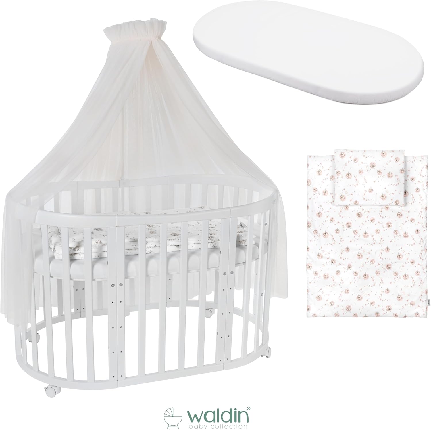 Waldin Oval Baby-Bett Mitwachsend Komplett Set 7in1, Gitterbett, Kinderbett mit Matratze, Wickelkommode, Beistellbett, Holz Weiß