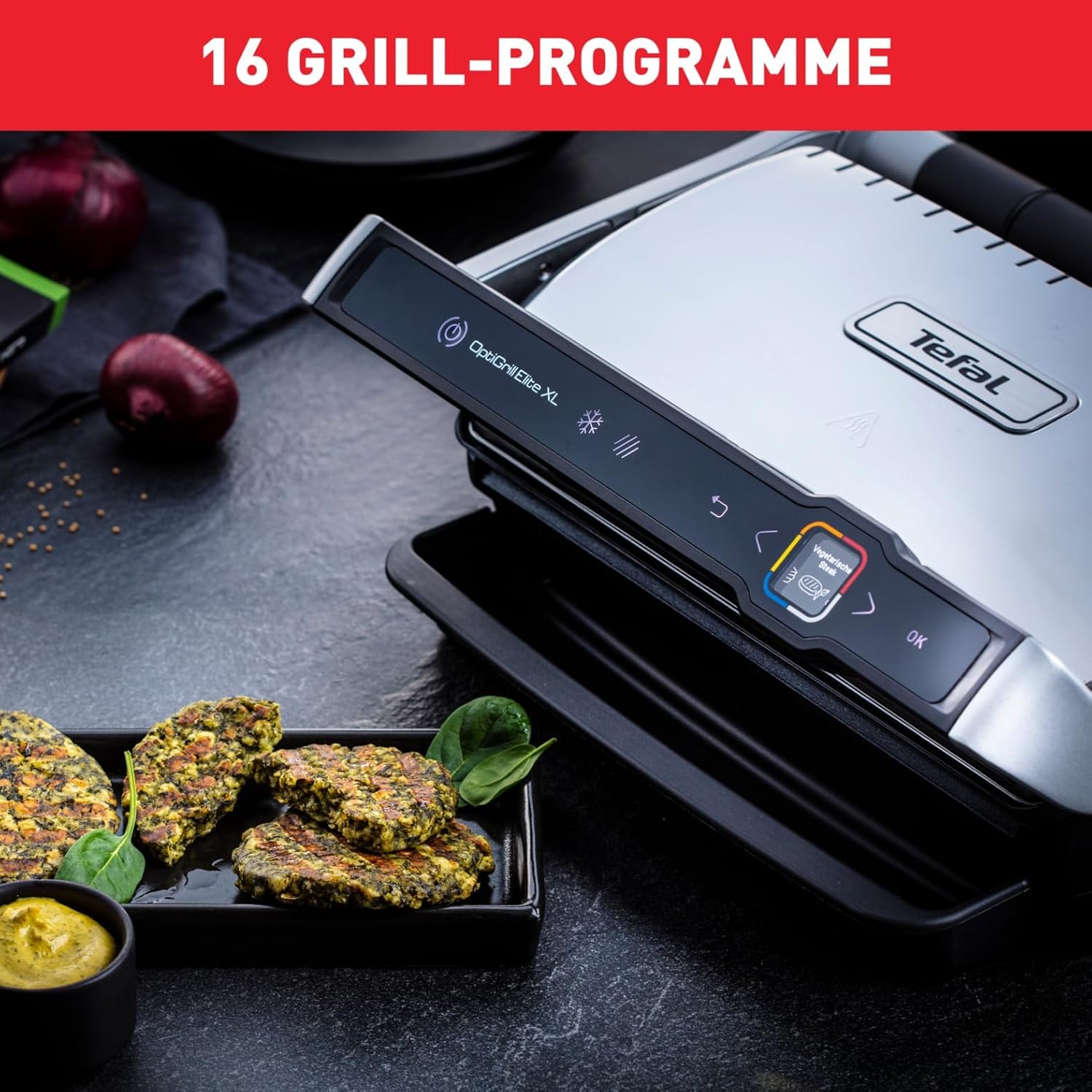 Tefal OptiGrill Elite XL Kontaktgrill, automatische Garzeitanpassung, perfekte Ergebnisse, 16 Programme, digitales Display mit Garstufenanzeige, abnehmbare XL-Platten, Elektrogrill, schwarz, GC760812