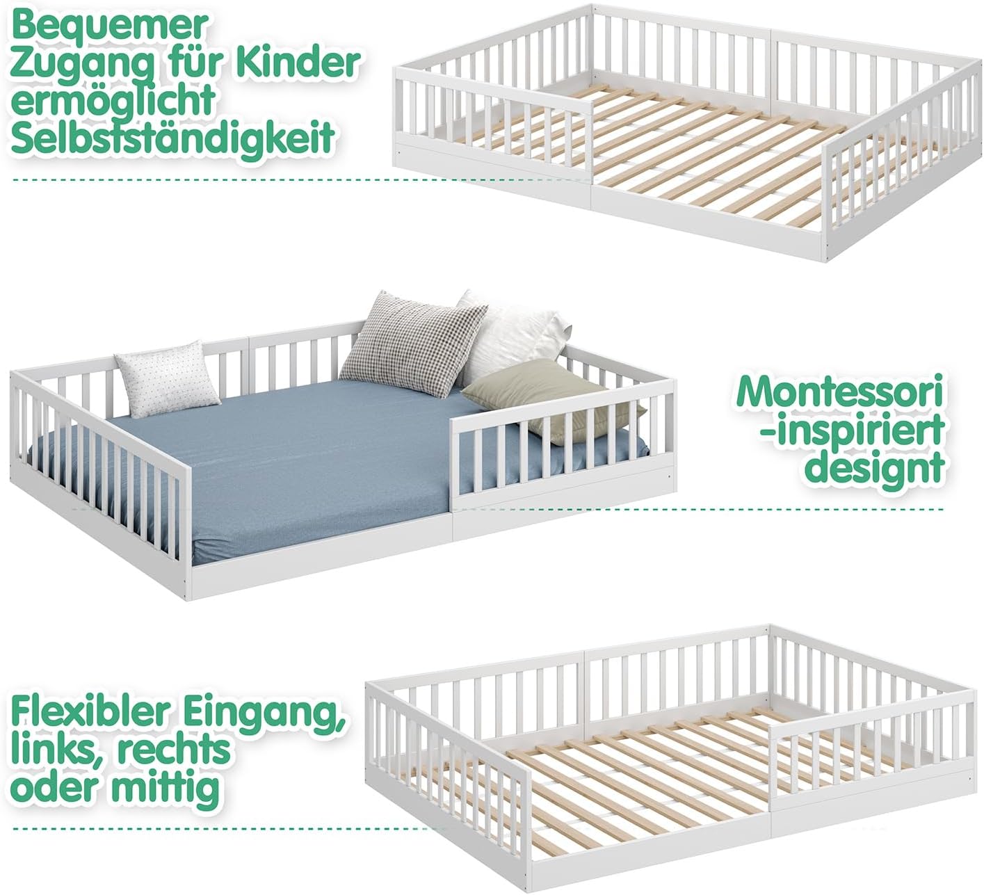 CADANI Timi 2in1 Bodenbett 140x200 cm Montessori Kinderbett mit abnehmbaren Rausfallschutz inkl. Lattenrost, Kiefer Massivholz, weiß - 3 Aufbauvarianten, bis 200 kg belastbar, umbaubar