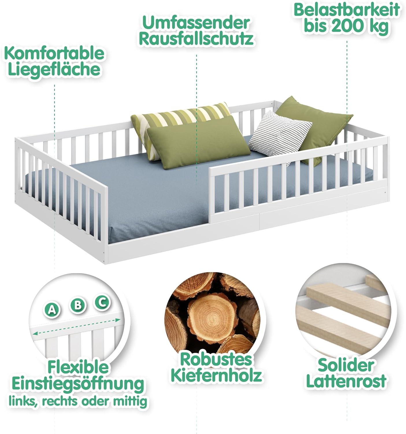 CADANI Timi 2in1 Bodenbett 140x200 cm Montessori Kinderbett mit abnehmbaren Rausfallschutz inkl. Lattenrost, Kiefer Massivholz, weiß - 3 Aufbauvarianten, bis 200 kg belastbar, umbaubar