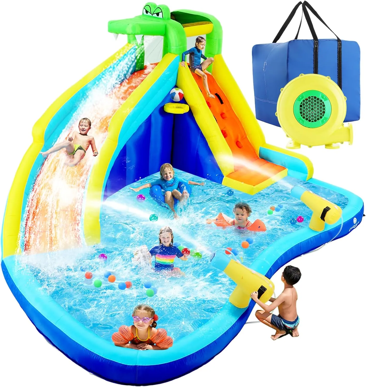 Aufblasbare Wasserrutschen für Kinder, 8-in-1-Hüpfburg-Wasserpark mit 450-W-Gebläse, Kletterwand, Planschbecken, 2 Wasserkanonen, Basketballkorb, Wasserrutsche, Krokodilsprinkler als Geschenk für eine Gartenparty
