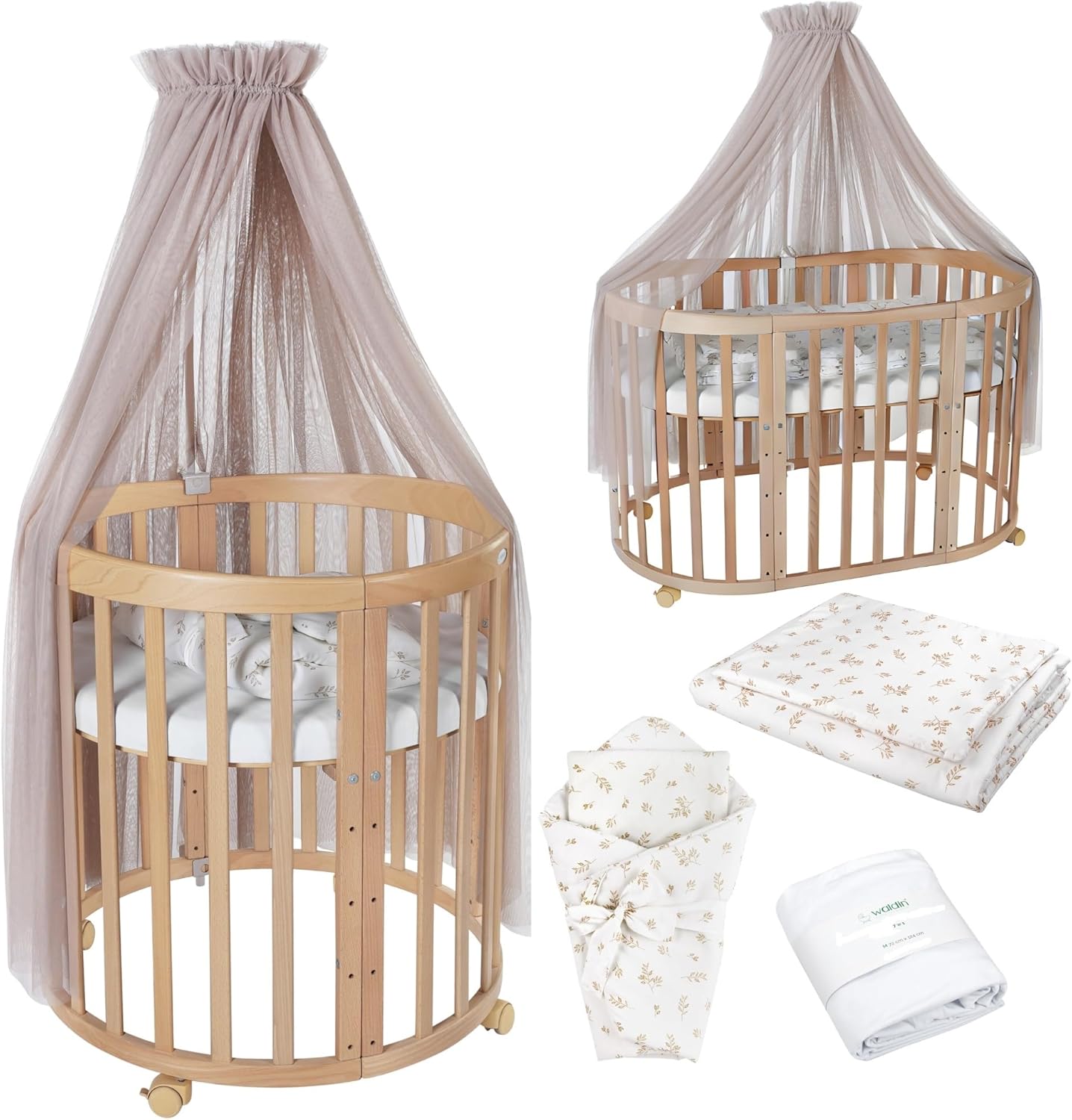Waldin Oval Baby-Bett Mitwachsend Komplett Set 7in1, Gitterbett, Kinderbett mit Matratze, Wickelkommode, Beistellbett, Holz Weiß