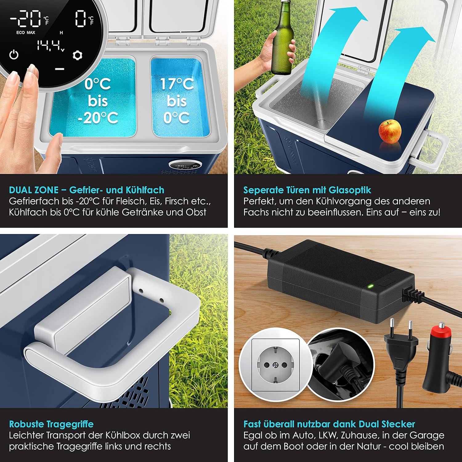 KESSER® Kompressor Kühlbox 2in1 Doppelzone Kühl & Gefrierfach elektrische Gefrierbox mit 2x Kühlakkus & LED-Touch-Bedienung | Kühlschrank Kühlung bis -20 °C für Camping, Auto, Lkw 12/24V 230V