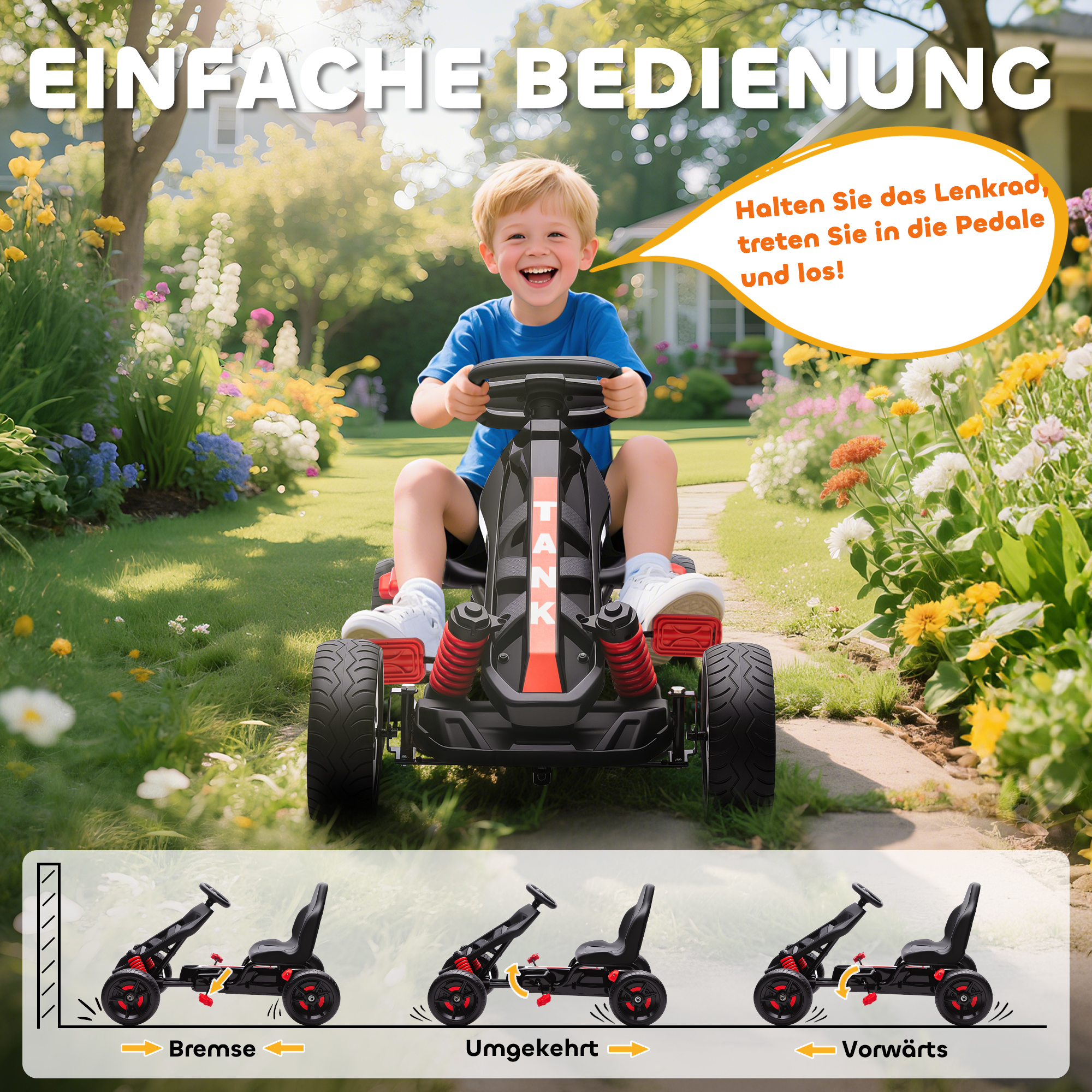 AIYAPLAY Gokart mit Pedalen, Tretauto für Kinder mit Bremse, rutschfeste Räder, Metallrahmen, 3-6 Jahre, Rot