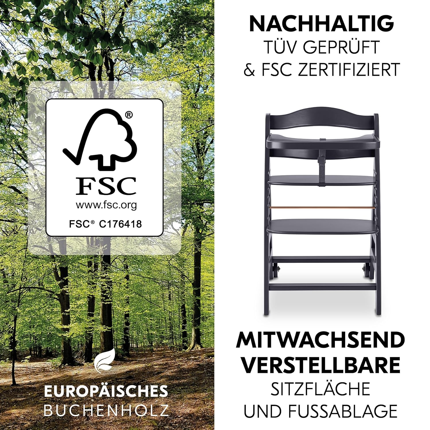 hauck Hochstuhl Beta+ Newborn Set Premium Dark Grey - Babyhochstuhl Set ab Geburt mit Neugeborenen Aufsatz Bouncer, Sitzpolster und Essbrett - Dark Grey