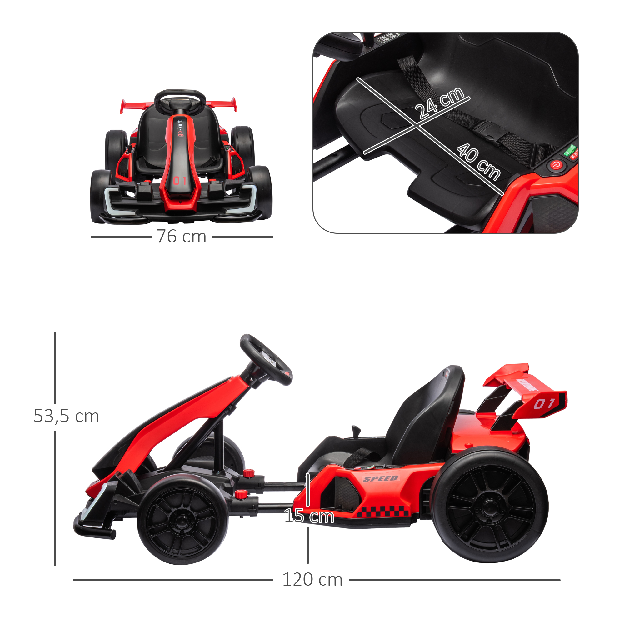 HOMCOM Go-Kart für Kinder, Elektro-Kart mit Hupe und Musikfunktion, verstellbarer Sitz, bis 12 km/h, Kunststoff, Metall, Rot