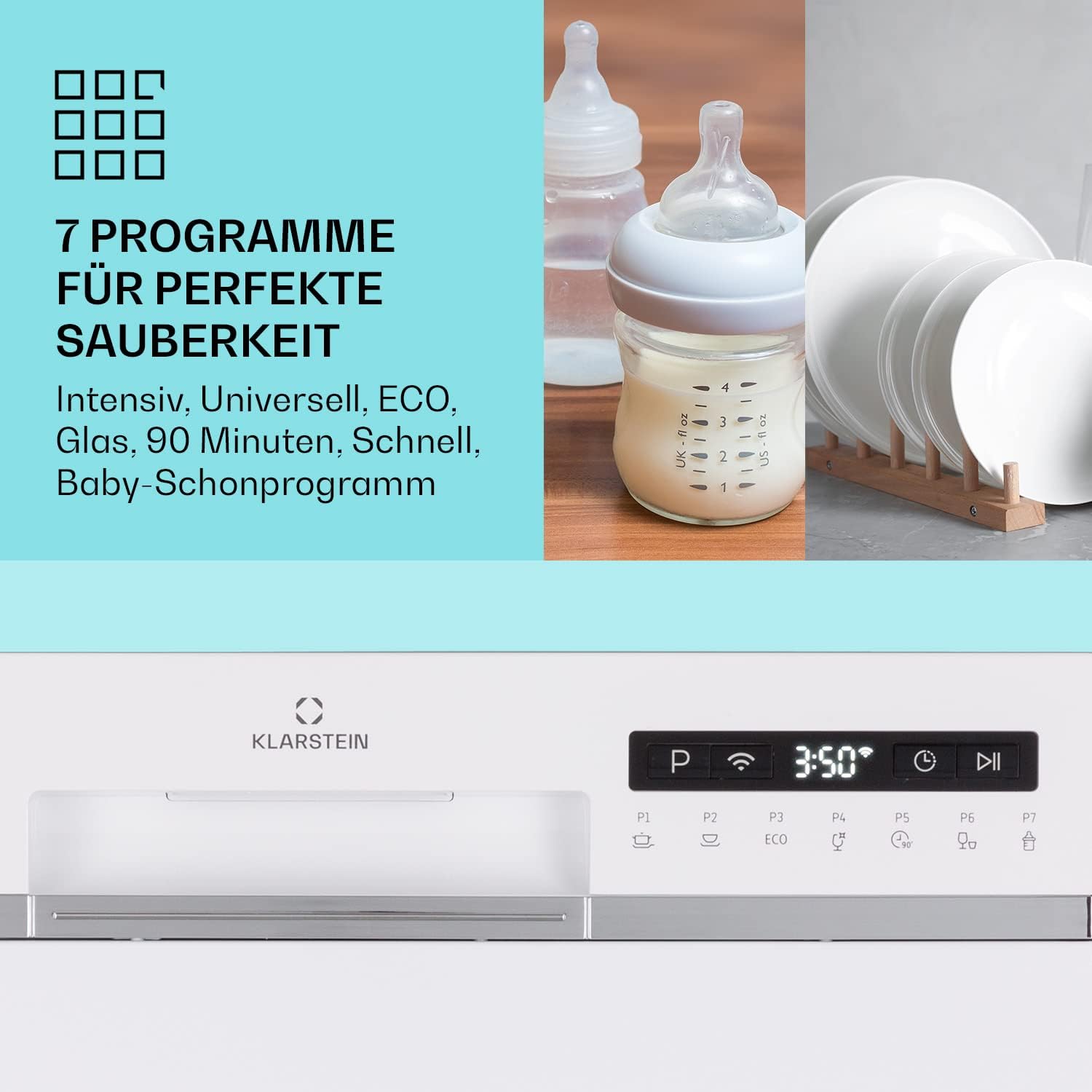 Klarstein ia 8 - Spülmaschine, Geschirrspüler, Freistehend, Teilintegriert, F, 55 cm breit, 8 Maßgedecke, 6 Programme, Aquastop, silber