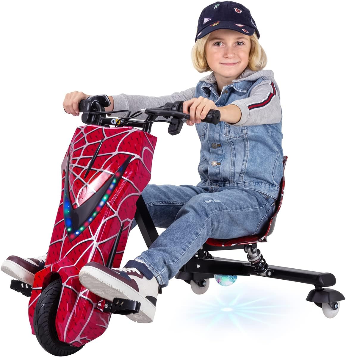 Actionbikes Motors Kinder Elektro Driftscooter | 𝟐𝟓𝟎 Watt Motor - Drift Cart 360°- 3 Geschwindigkeitsstufen - LED-Beleuchtung - Sitz verstellbar - Bluetooth - Drift Kart - Drift Auto (Space Purple)