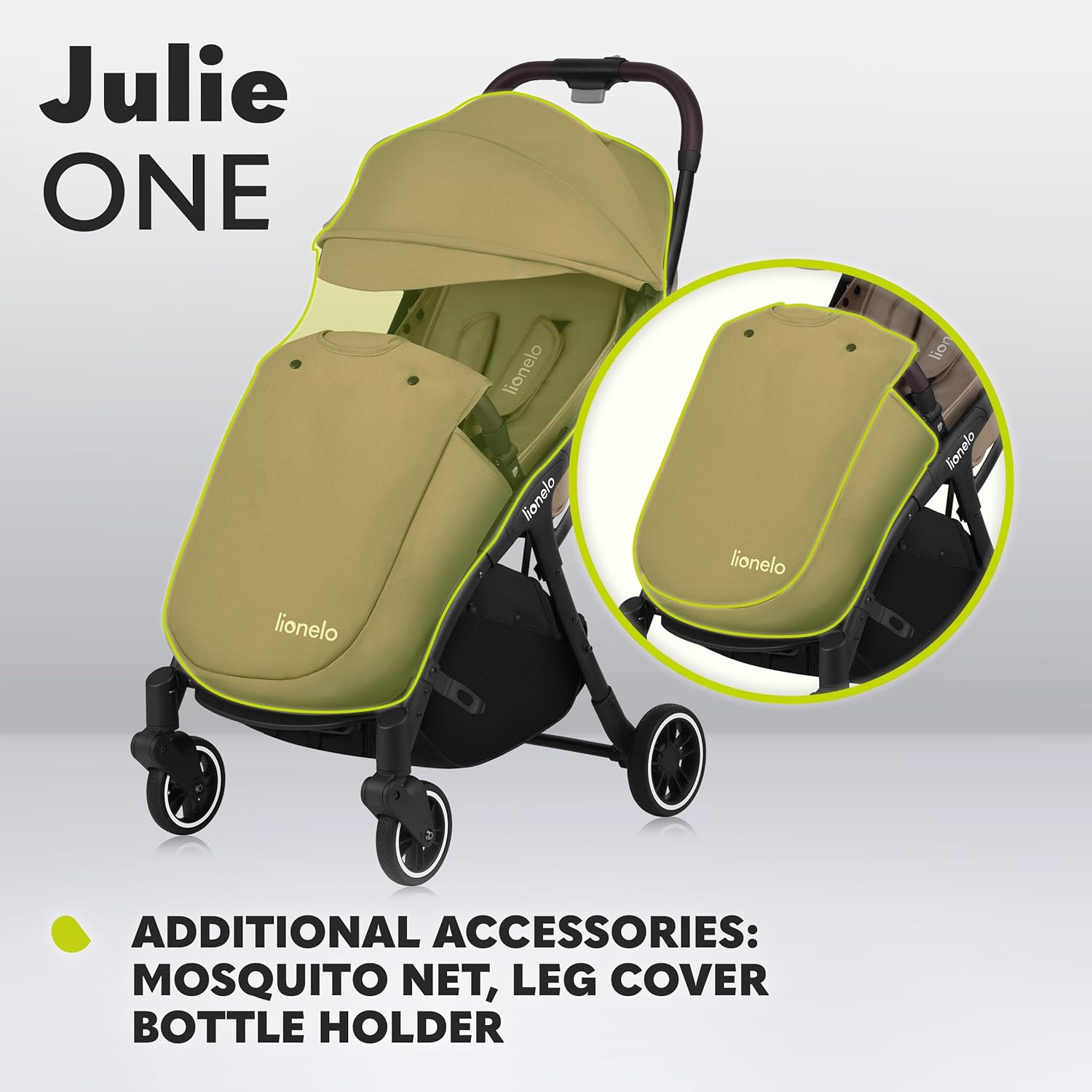 LIONELO Julie One Buggy Kinderwagen bis 22 kg, verstellbare Rückenlehne und Fußstütze, Moskitonetz, Beinwärmer, Getränkehalter und Transporttasche, zusammenklappbar