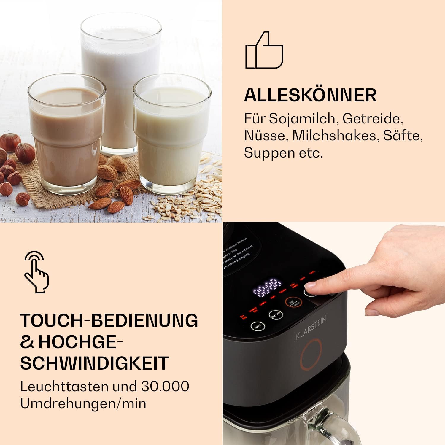 Klarstein Mixer, Standmixer mit 300 Motor- und 1250 Watt Heizleistung, Hochleistungsmixer für Pflanzenmilch Zubereitung, Smoothie Mixer mit 360° Heiztechnologie, 30.000 U/min, Touchscreen, Schwarz
