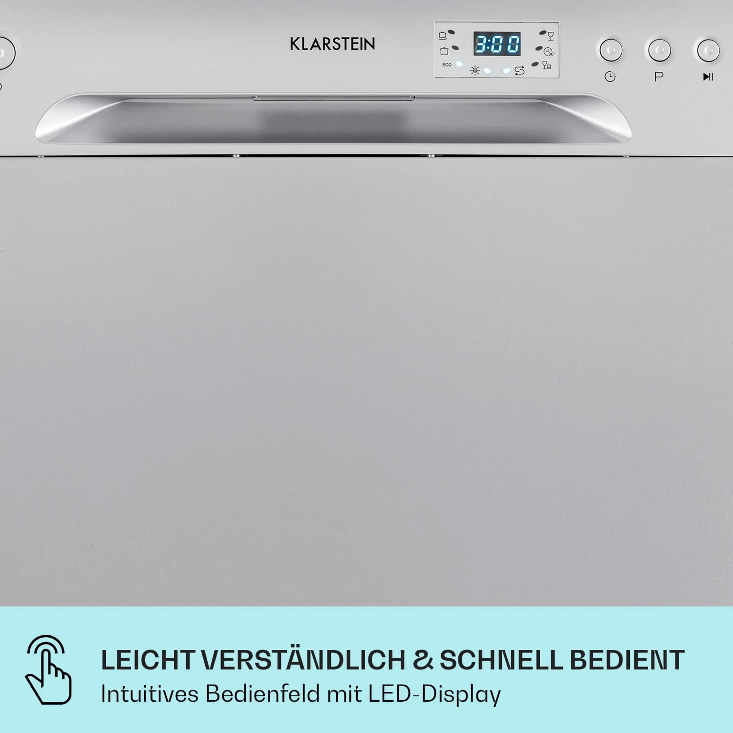 Klarstein ia 8 - Spülmaschine, Geschirrspüler, Freistehend, Teilintegriert, F, 55 cm breit, 8 Maßgedecke, 6 Programme, Aquastop, silber