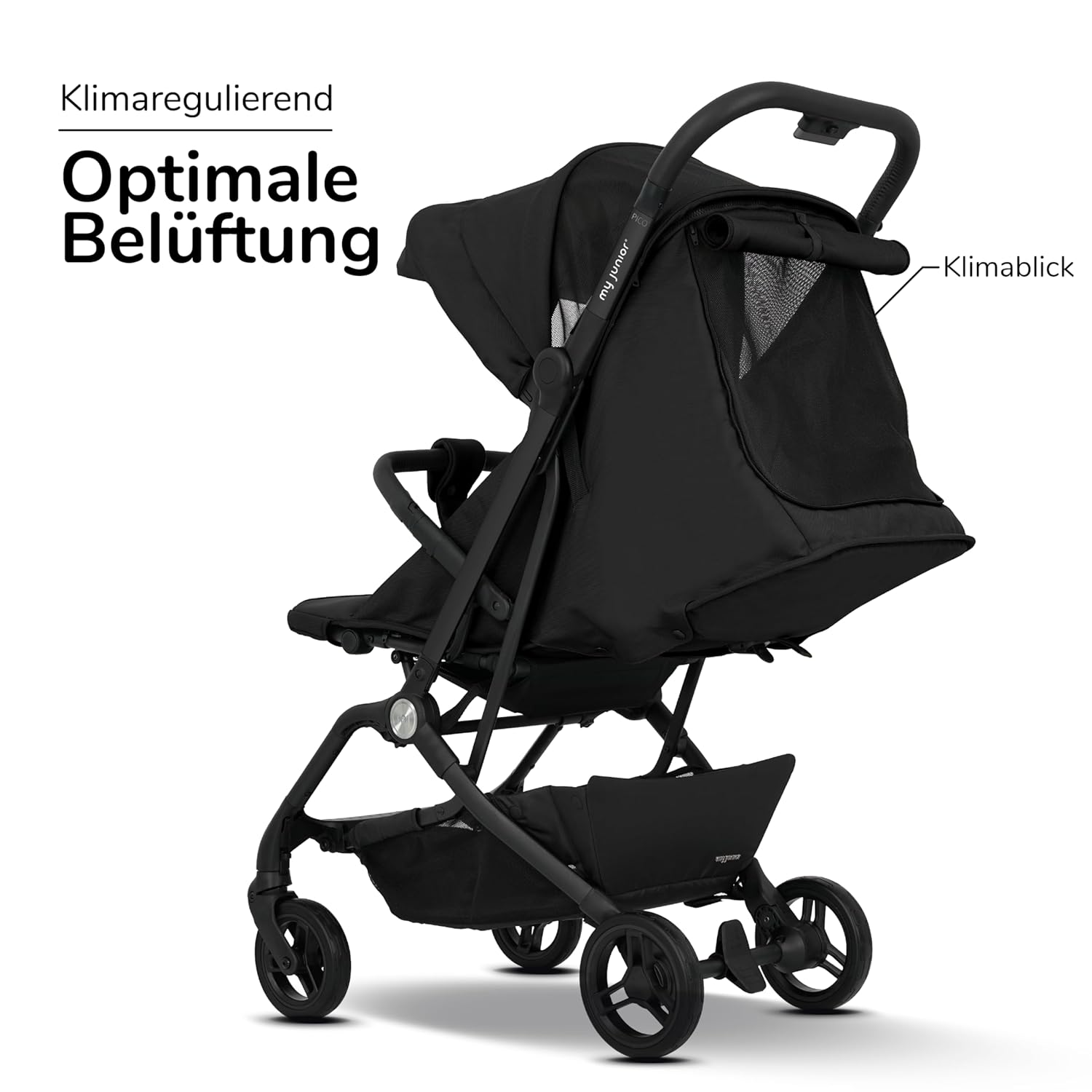 my junior Buggy PICO³ | bis 22kg | Einhand AutoFold-Klappmechanismus | Ergonomische Liegeposition nach IGR e.V. | großes Sonnenverdeck UV50+ | Handgepäckmaß | 2 Belüftungsfenster Hazel - Black