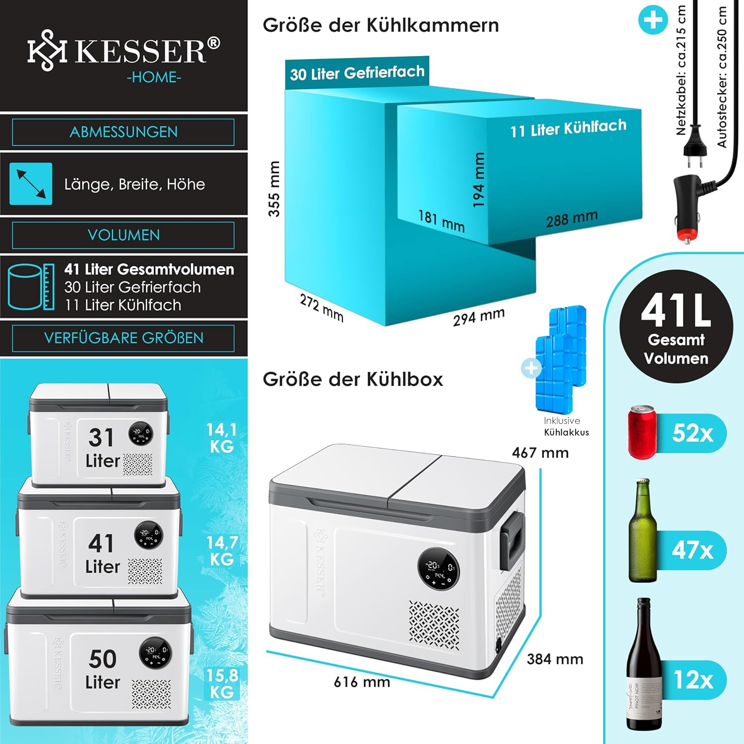 KESSER Kompressor Kühlbox 2in1 Doppelzone Kühl & Gefrierfach elektrische Gefrierbox mit 2x Kühlakkus & LED-Touch-Bedienung | Kühlschrank Kühlung bis -20 °C für Camping, Auto, Lkw 12/24V 230V