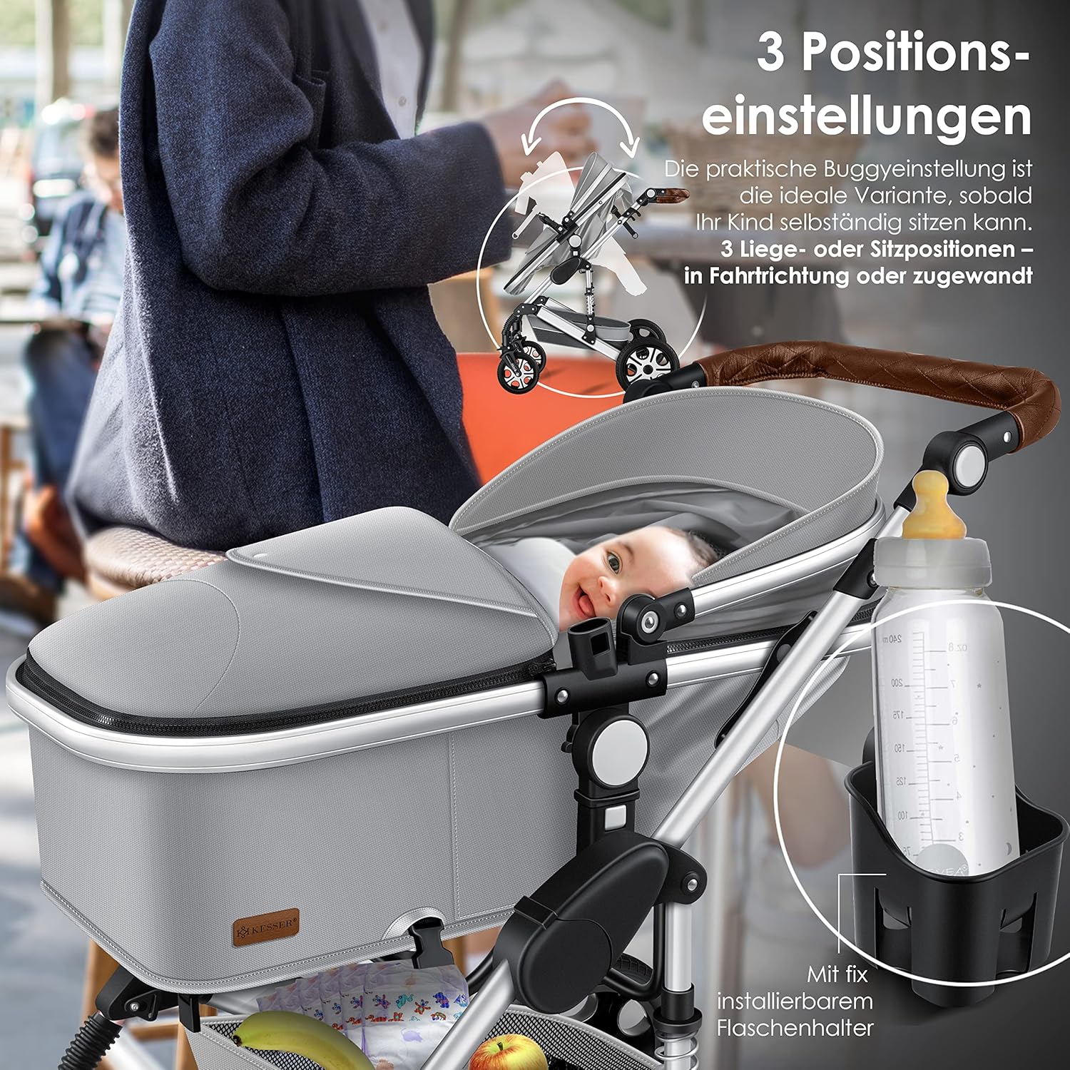KESSER Loops 3 in 1 Kinderwagen Kombikinderwagen Komplett-Set inkl. Babywanne & Buggy Sportsitz & Auto-Babyschale Voll-Gummireifen Wickeltasche Regenschutz Kindertisch ECE R129, Schwarz/Champagne