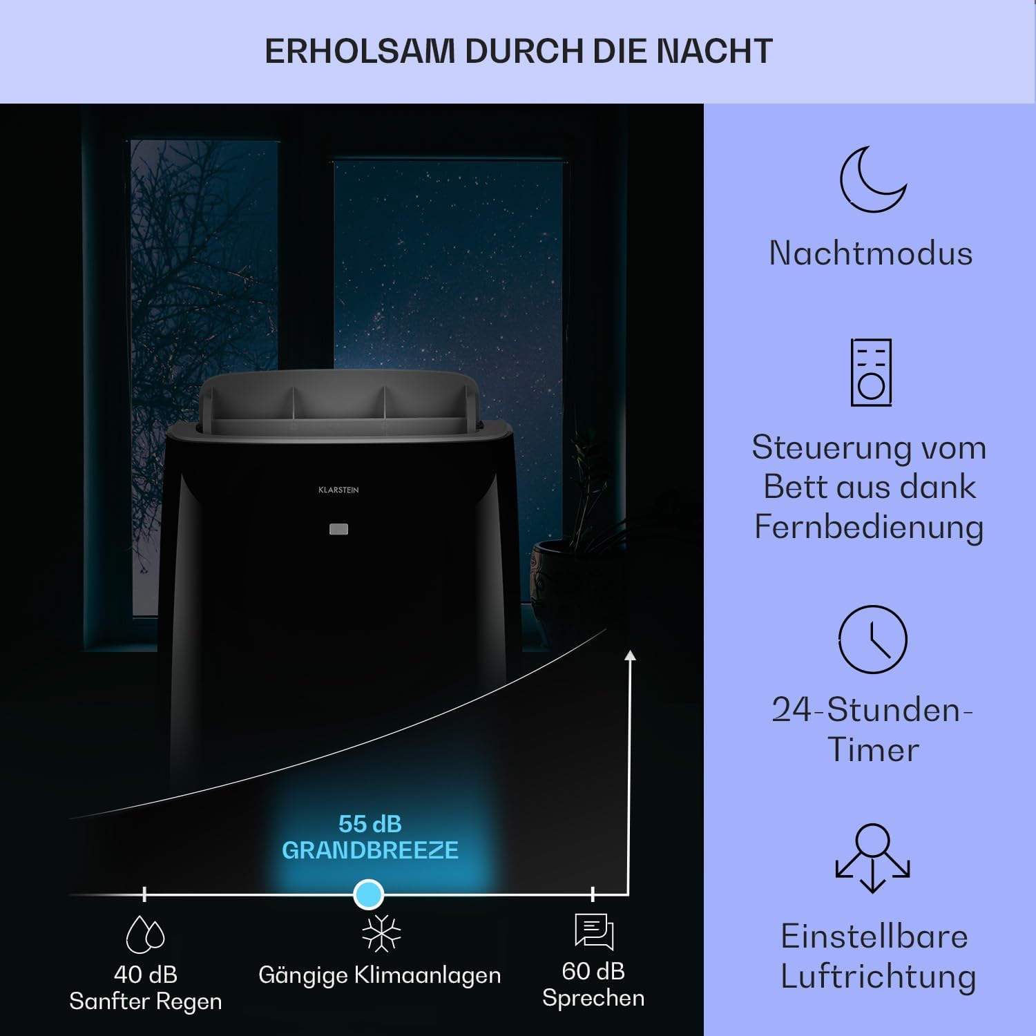 Klarstein Mobile Klimaanlage mit Abluftschlauch, 4-in-1 Klimagerät, Ventilator, Luftentfeuchter & Nachtmodus, Kleine & Portable Klimaanlage für Wohnung & Büro, Niedriger Verbrauch, 14000BTU