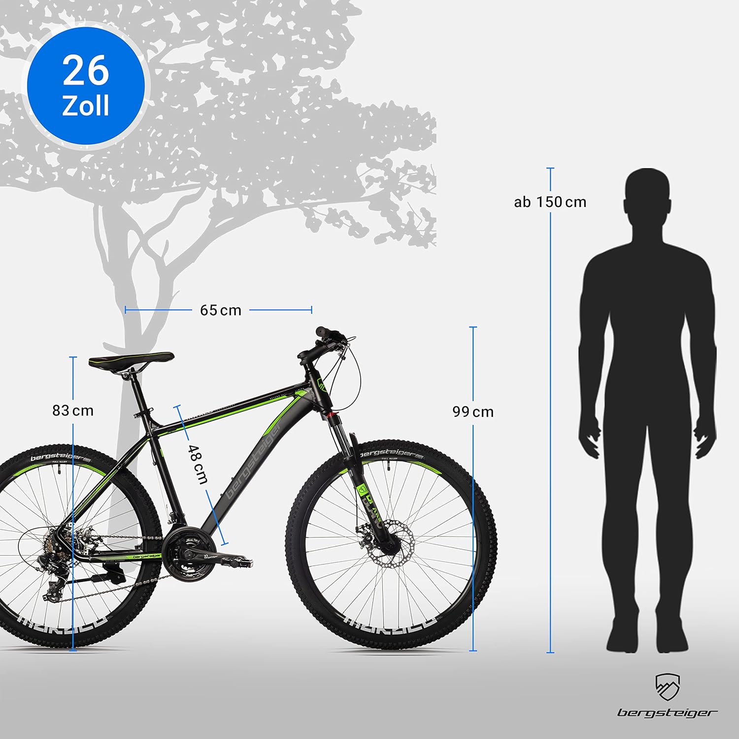 Bergsteiger Makalu 26 Zoll Mountainbike Aluminium, geeignet ab 150 cm, Scheibenbremse, Shimano 21 Gang-Schaltung, Hardtail, Jungen-Fahrrad & Herren-Fahrrad
