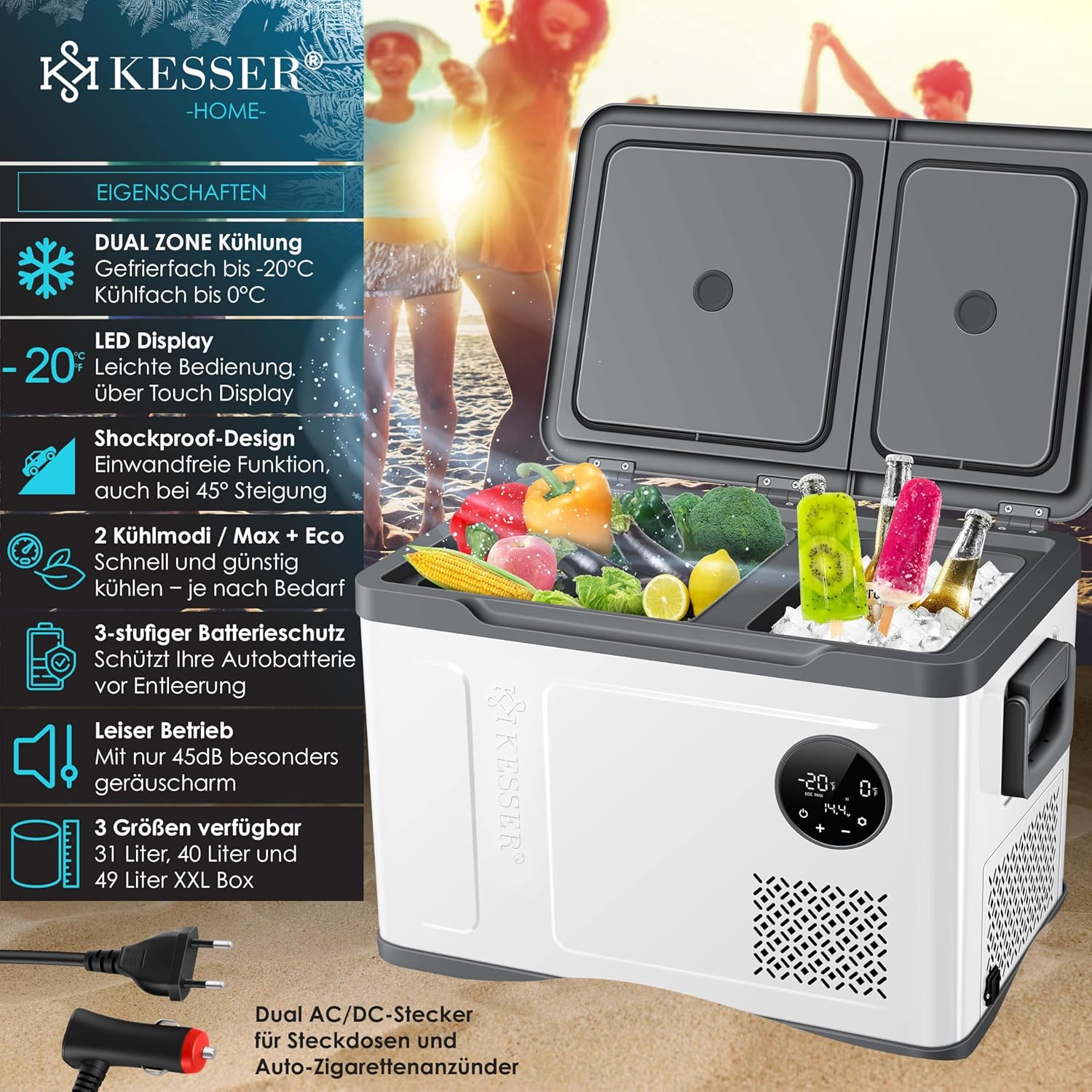 KESSER® Kompressor Kühlbox 2in1 Doppelzone Kühl & Gefrierfach elektrische Gefrierbox mit 2x Kühlakkus & LED-Touch-Bedienung | Kühlschrank Kühlung bis -20 °C für Camping, Auto, Lkw 12/24V 230V