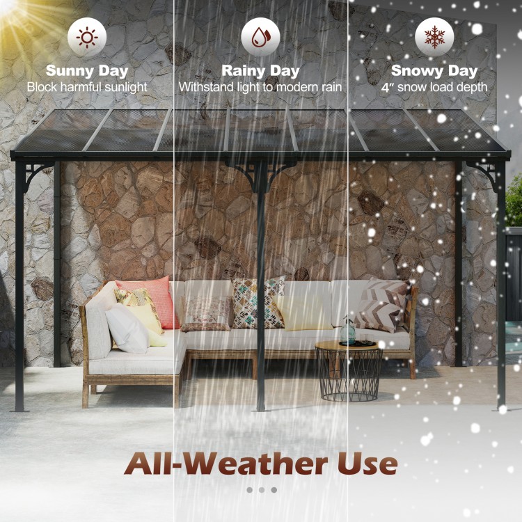 Wall-Mounted Patio Gazebo Large Outdoor Hardtop Pergola with Sloped Polycarbonate Roof
