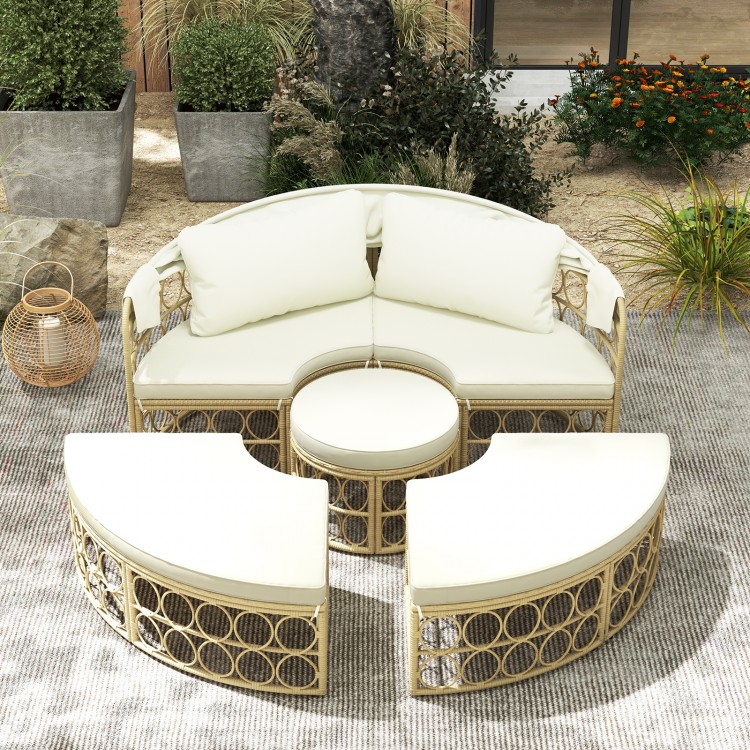 Outdoor Patio Round Daybed with Retractable Canopy and Soft Cushions
