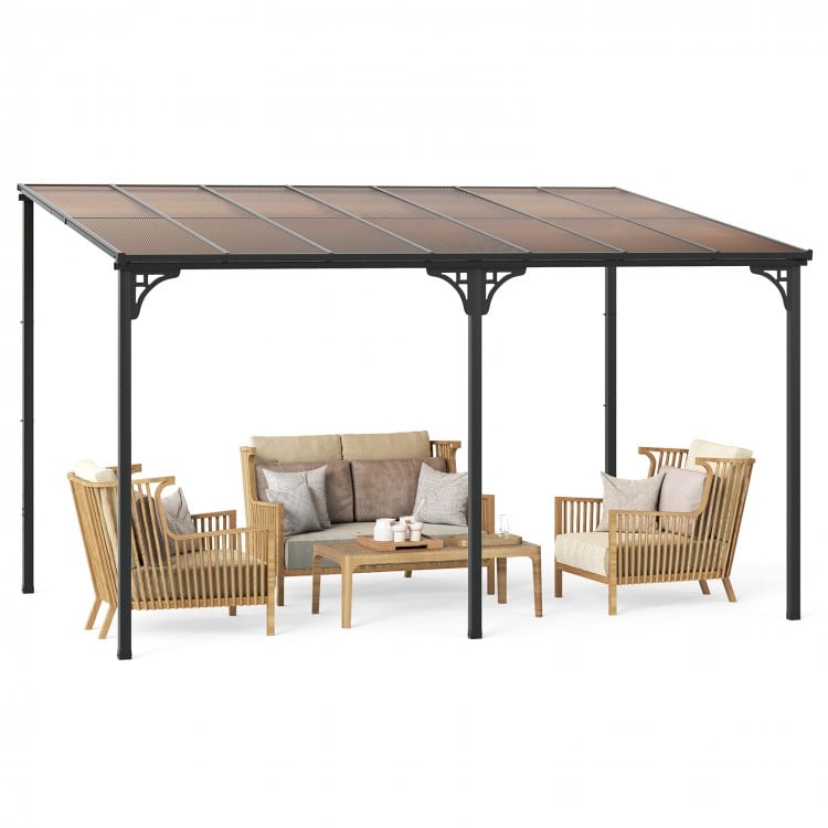 Wall-Mounted Patio Gazebo Large Outdoor Hardtop Pergola with Sloped Polycarbonate Roof