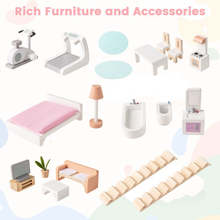 Kids Wooden Dollhouse 3 Level with Double-Sided Roofs and Doors