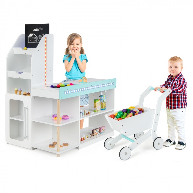 Wooden Kids Supermarket Playset with Cash Register and Shopping Cart