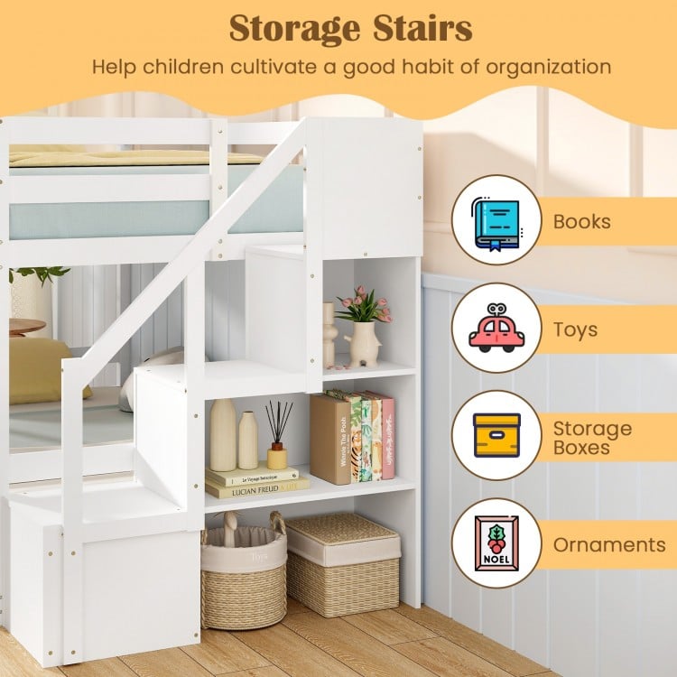 Twin Over Twin Low Bunk Bed with Storage Stairs Solid Wood Floor Bunk Bed Frame